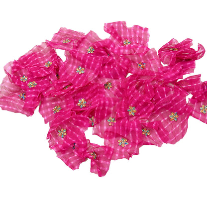 Indian Vintage Magenta Pure Chiffon Silk Appliques  Set of 35 | Hand-Embroidered bandhani Floral Patches Zardozi, for Craft, Journals