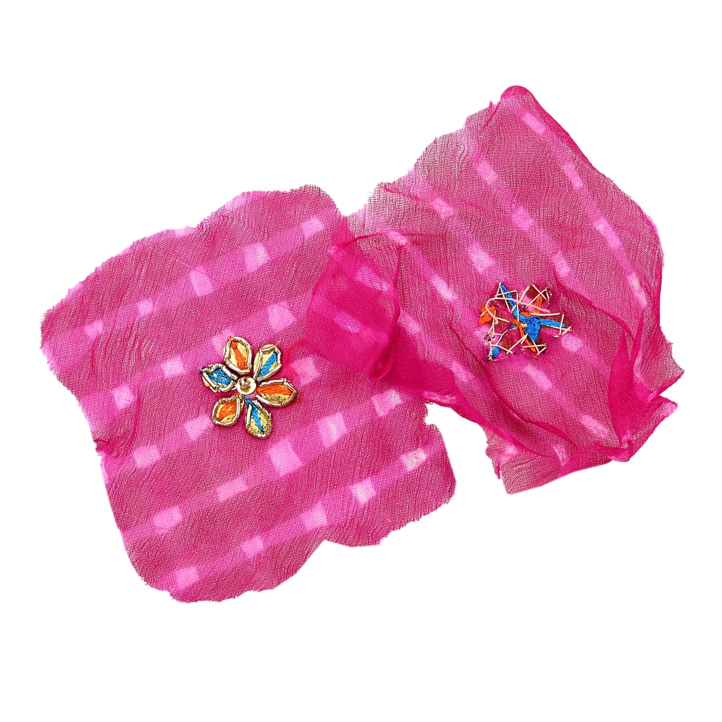 Indian Vintage Magenta Pure Chiffon Silk Appliques  Set of 35 | Hand-Embroidered bandhani Floral Patches Zardozi, for Craft, Journals