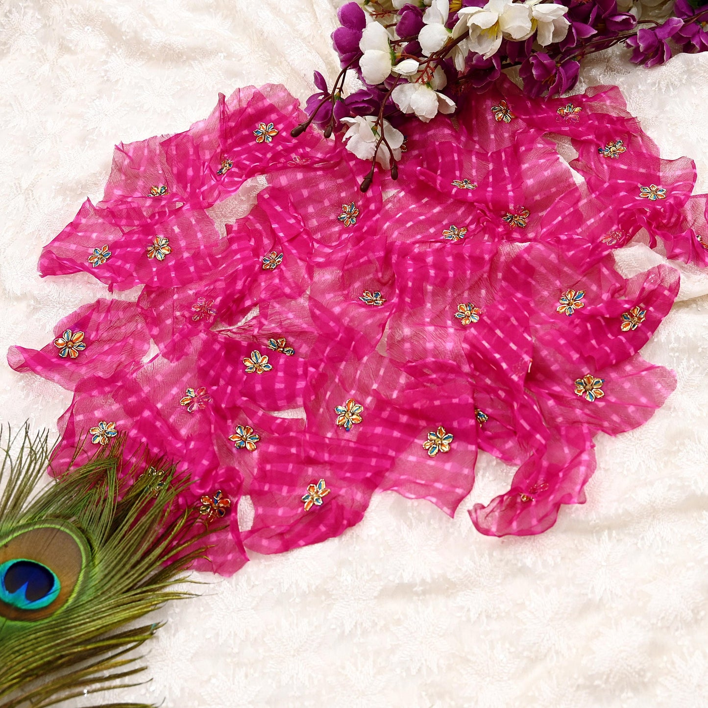 Indian Vintage Magenta Pure Chiffon Silk Appliques  Set of 35 | Hand-Embroidered bandhani Floral Patches Zardozi, for Craft, Journals