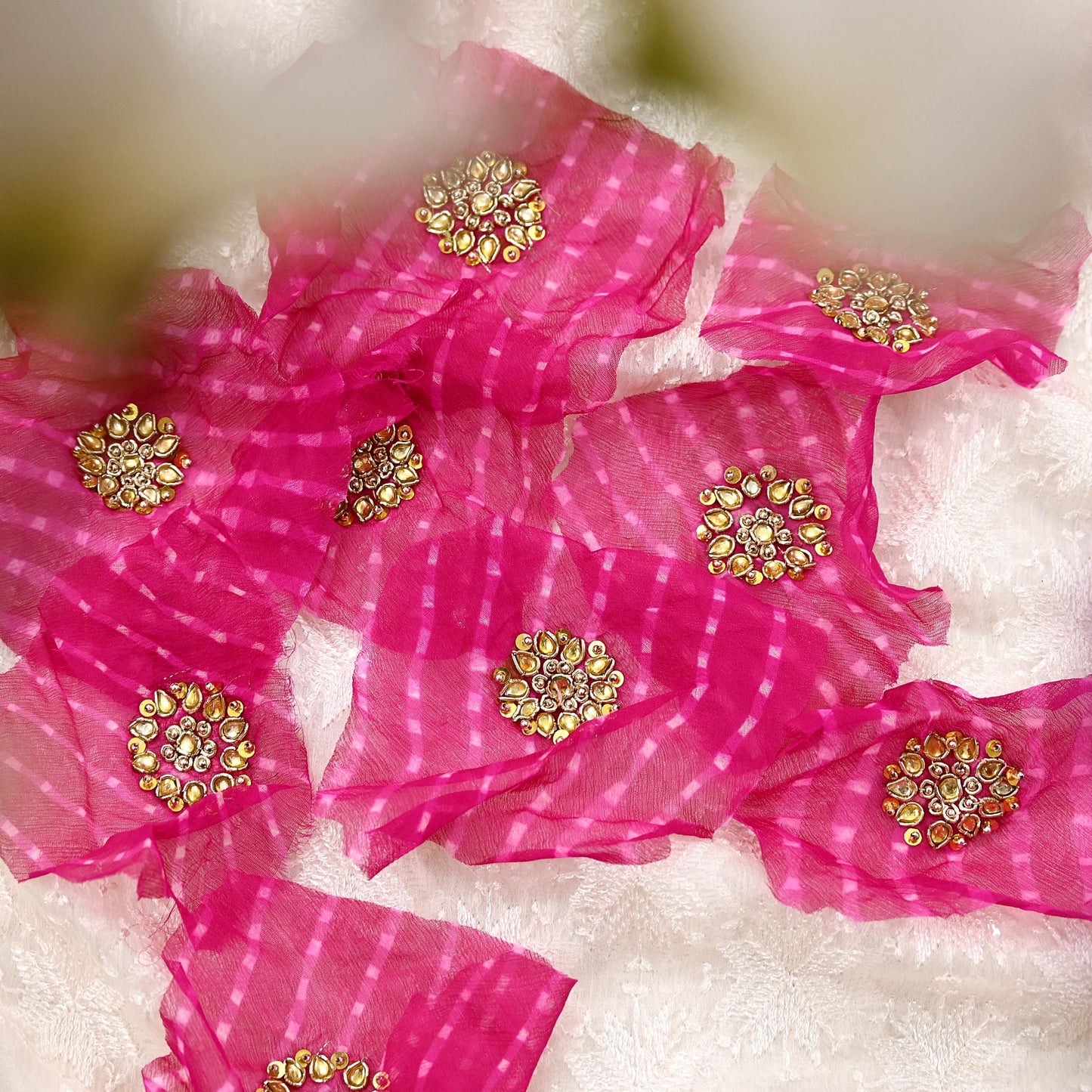 Indian Vintage Magenta Pure Chiffon Silk Appliques  Set of 8 | Hand-Embroidered bandhani Floral Patches Zardozi, for Craft, Journals