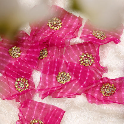 Indian Vintage Magenta Pure Chiffon Silk Appliques  Set of 8 | Hand-Embroidered bandhani Floral Patches Zardozi, for Craft, Journals