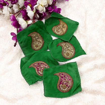 Vintage 5 Pcs Appliques Green Pure Silk Applique VERY OLD ANTIQUE Vintage Hand Embroidered Snippets Remnants Craft Journals India Rare