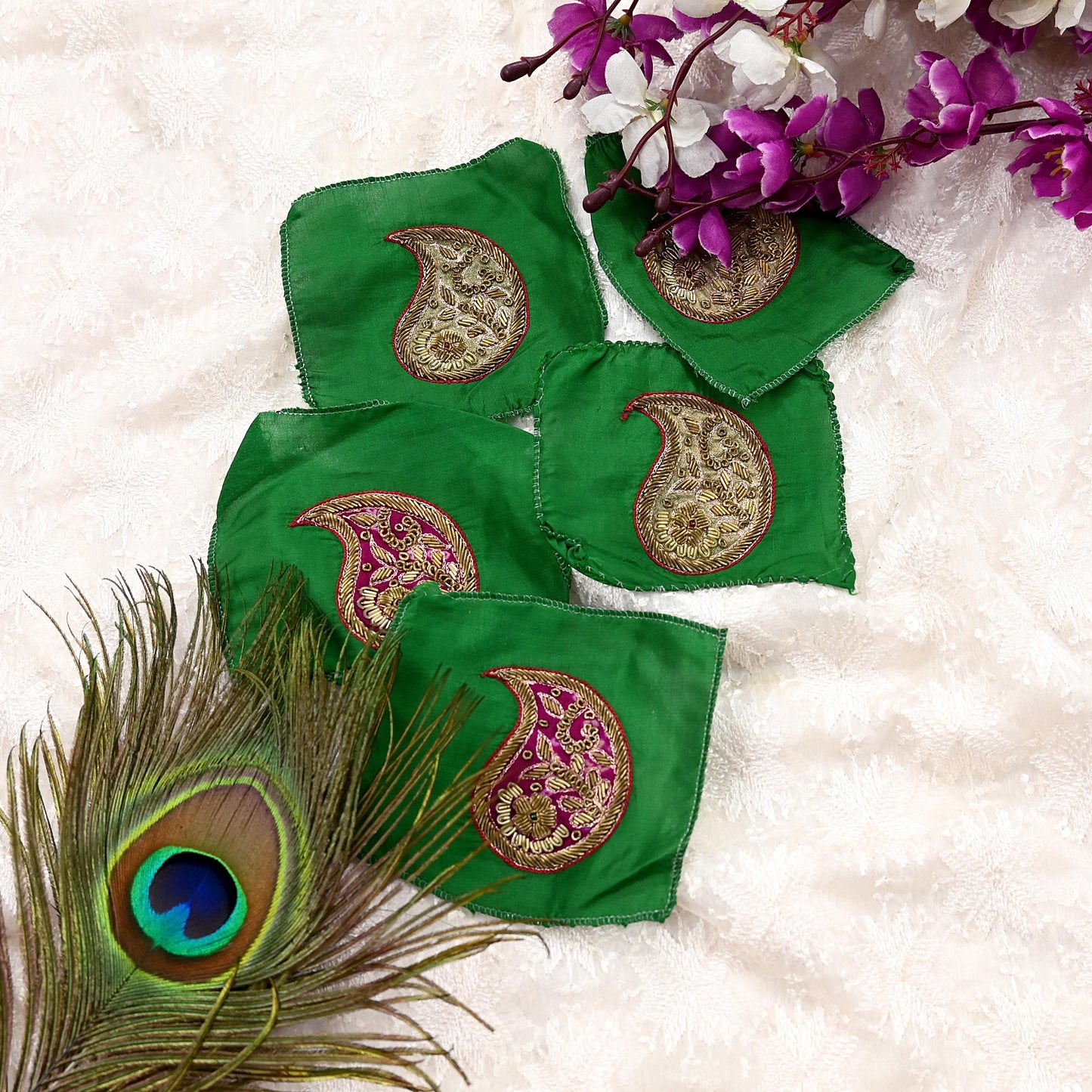 Vintage 5 Pcs Appliques Green Pure Silk Applique VERY OLD ANTIQUE Vintage Hand Embroidered Snippets Remnants Craft Journals India Rare