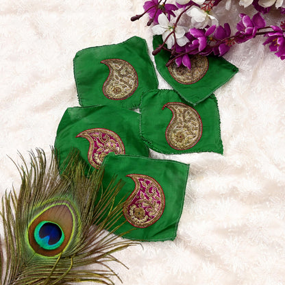 Vintage 5 Pcs Appliques Green Pure Silk Applique VERY OLD ANTIQUE Vintage Hand Embroidered Snippets Remnants Craft Journals India Rare