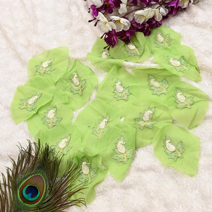 Indian Vintage Green pure Georgette Silk Rare Appliques - set of 15 Embroidered VERY OLD ANTIQUE Snippets Remnants Craft Journals
