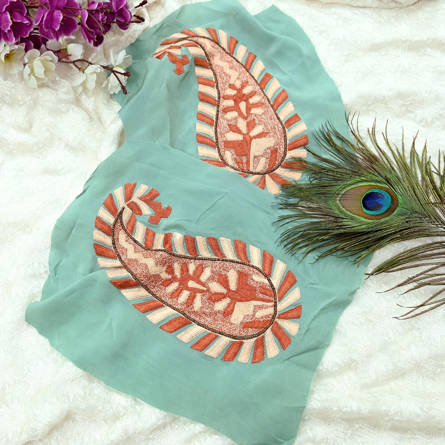 Indian Vintage 3 Pcs Rare Appliques Green Pure Crepe silk VERY OLD ANTIQUE Hand Embroidered Snippets Remnants Craft Journals