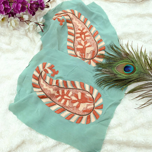 Indian Vintage 3 Pcs Rare Appliques Green Pure Crepe silk VERY OLD ANTIQUE Hand Embroidered Snippets Remnants Craft Journals