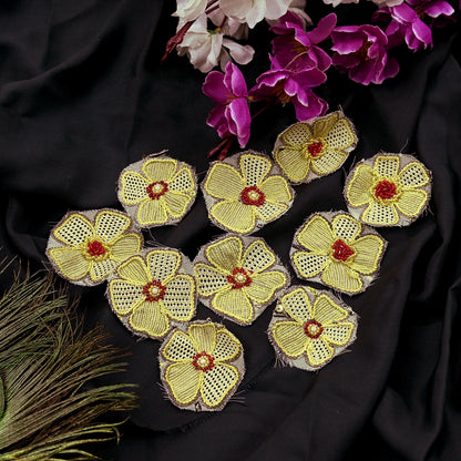 Indian Vintage Yellow pure Georgette Silk Rare Appliques - set of 10 Embroidered VERY OLD ANTIQUE Snippets Remnants Craft Journals