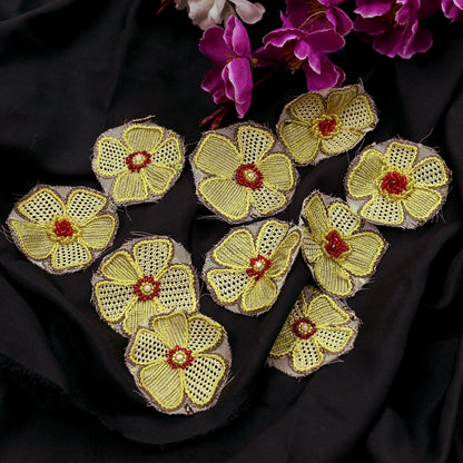 Indian Vintage Yellow pure Georgette Silk Rare Appliques - set of 10 Embroidered VERY OLD ANTIQUE Snippets Remnants Craft Journals