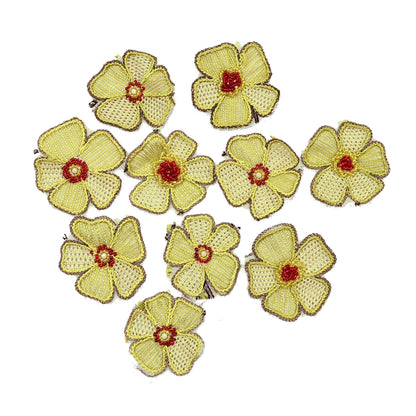 Indian Vintage Yellow pure Georgette Silk Rare Appliques - set of 10 Embroidered VERY OLD ANTIQUE Snippets Remnants Craft Journals