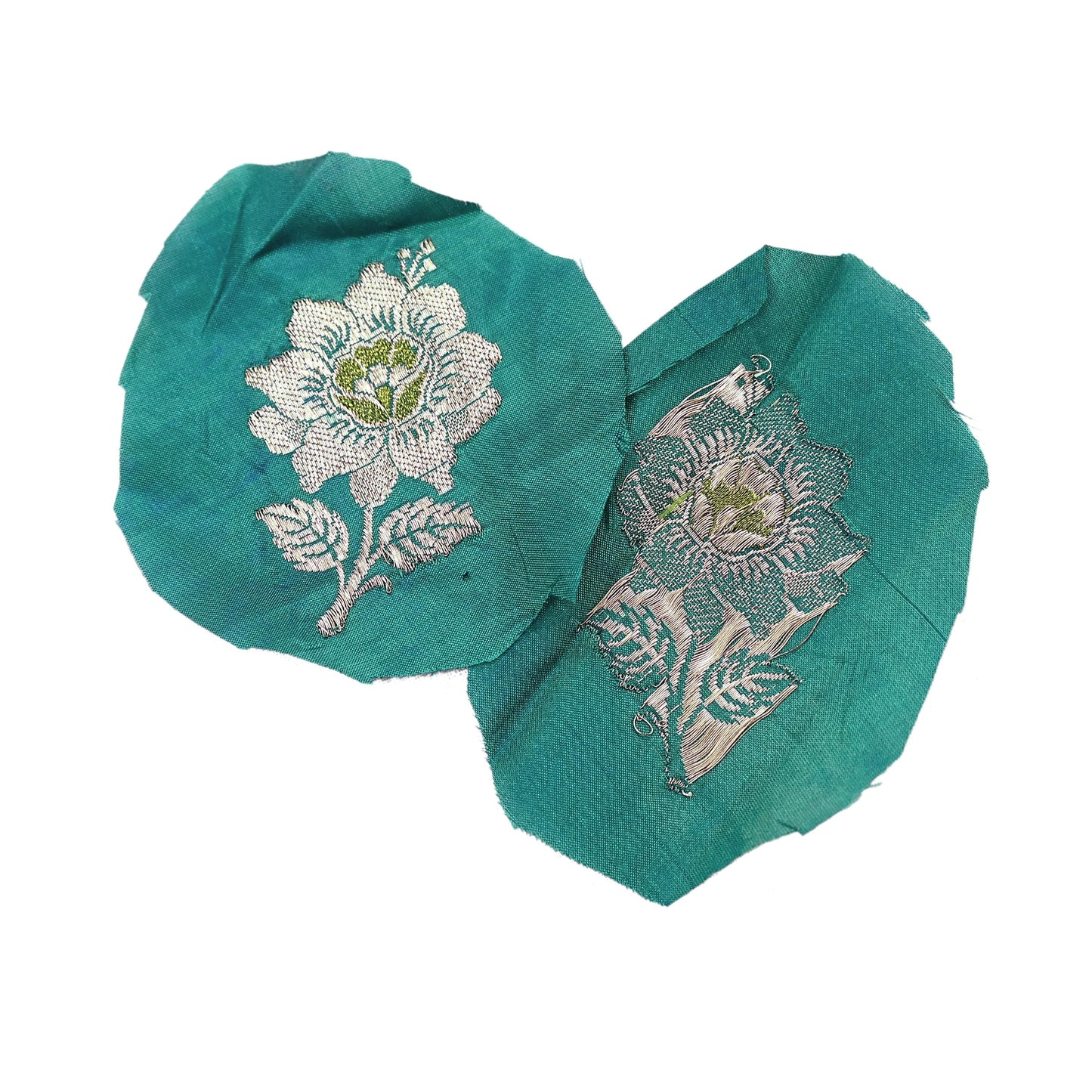 Vintage Green Pure Silk Hand Woven banarasi Rare Applique- set of 5 VERY OLD ANTIQUE  Snippets Remnants Craft Journals
