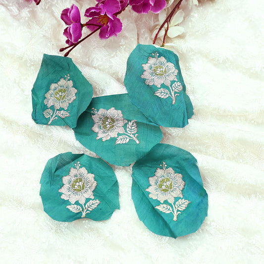 Vintage Green Pure Silk Hand Woven banarasi Rare Applique- set of 5 VERY OLD ANTIQUE  Snippets Remnants Craft Journals