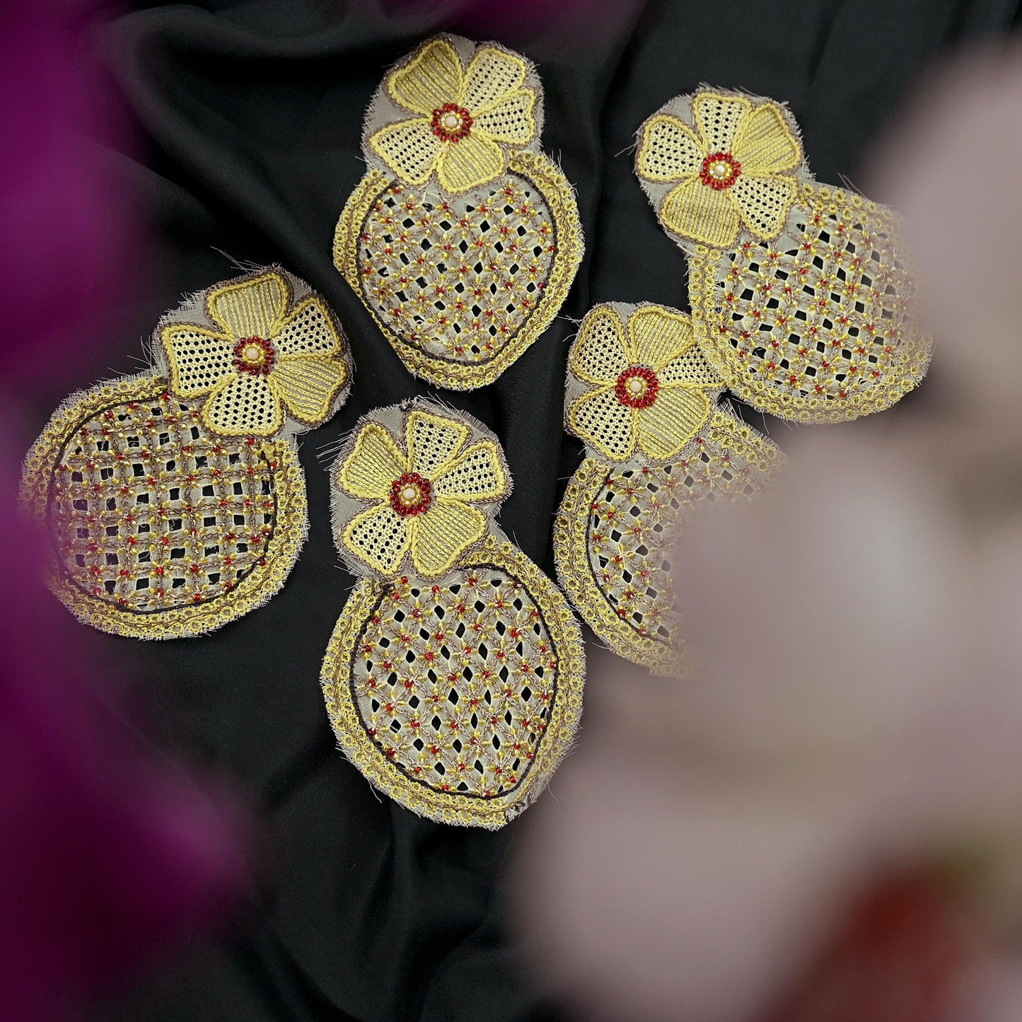 Indian Vintage Yellow Georgette Rare Appliques - set of 5 Embroidered VERY OLD ANTIQUE Snippets Remnants Craft Journals