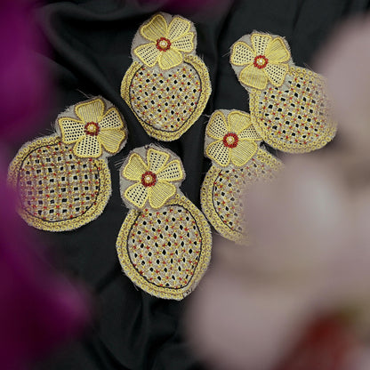 Indian Vintage Yellow Georgette Rare Appliques - set of 5 Embroidered VERY OLD ANTIQUE Snippets Remnants Craft Journals