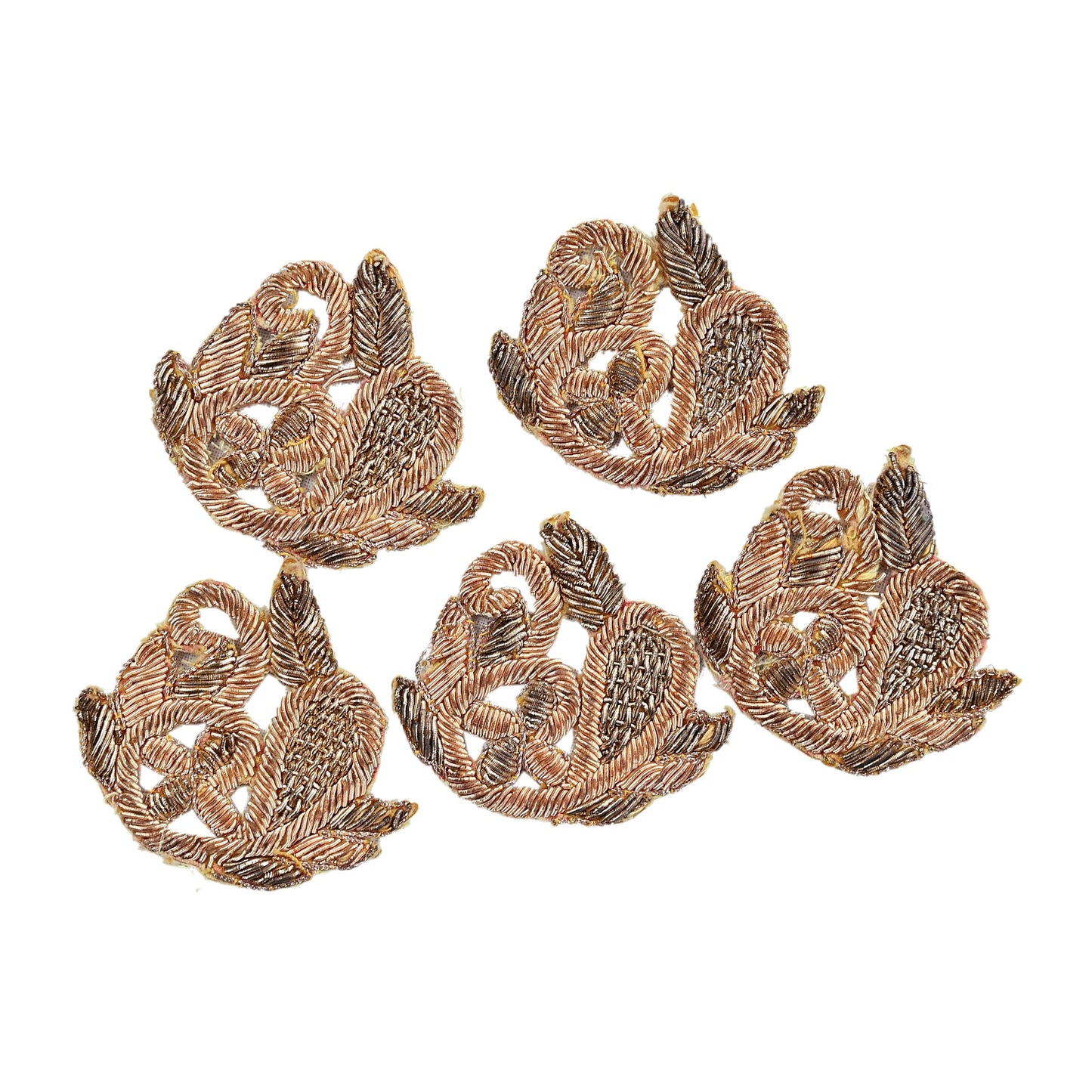 Indian Vintage Golden Cotton Appliques  Set of 5 | Hand-Embroidered Floral Patches with Zardozi, Dabka, for Craft, Journals