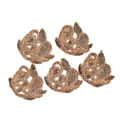 Indian Vintage Golden Cotton Appliques  Set of 5 | Hand-Embroidered Floral Patches with Zardozi, Dabka, for Craft, Journals
