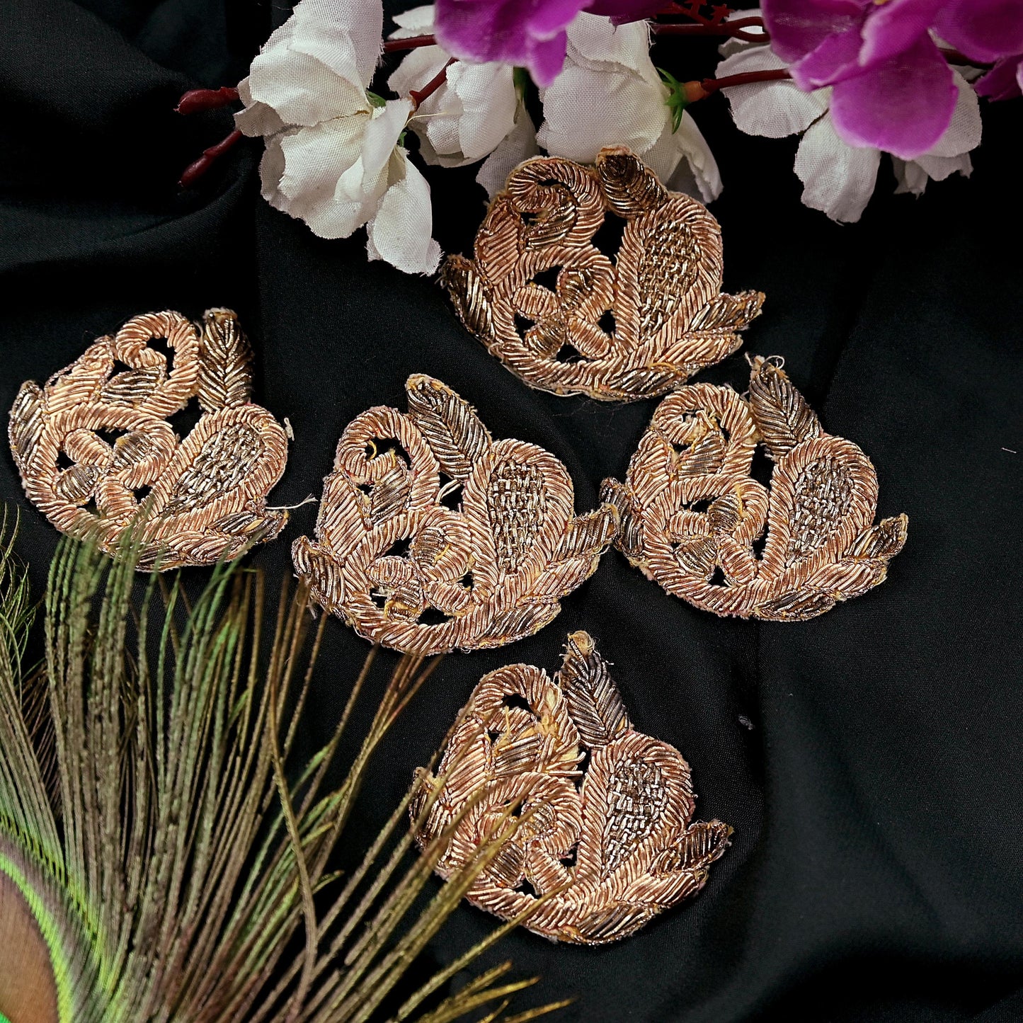 Indian Vintage Golden Cotton Appliques  Set of 5 | Hand-Embroidered Floral Patches with Zardozi, Dabka, for Craft, Journals