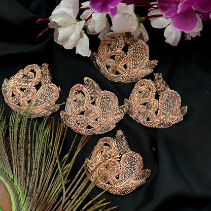 Indian Vintage Golden Cotton Appliques  Set of 5 | Hand-Embroidered Floral Patches with Zardozi, Dabka, for Craft, Journals