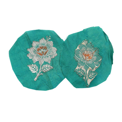 Vintage Green Pure Silk Hand Woven banarasi Rare Applique- set of 5 VERY OLD ANTIQUE  Snippets Remnants Craft Journals