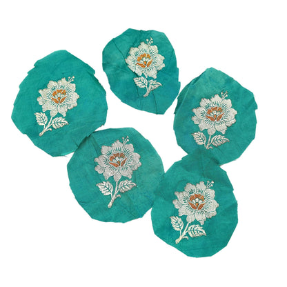 Vintage Green Pure Silk Hand Woven banarasi Rare Applique- set of 5 VERY OLD ANTIQUE  Snippets Remnants Craft Journals