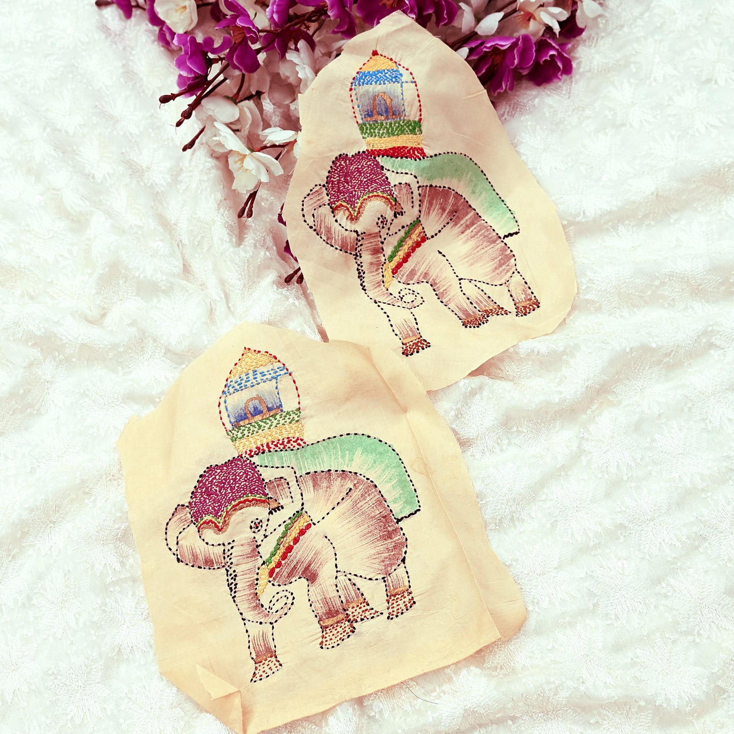 Vintage Beige Pure Silk Hand Embroidered Kantha Sari Rare Applique - set of 2 VERY OLD ANTIQUE Snippets Remnants Craft Journals Elephants