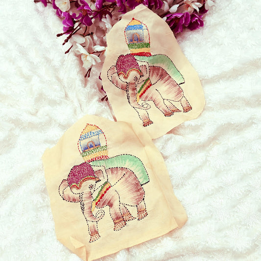 Vintage Beige Pure Silk Hand Embroidered Kantha Sari Rare Applique - set of 2 VERY OLD ANTIQUE Snippets Remnants Craft Journals Elephants
