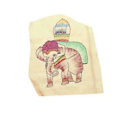 Vintage Beige Pure Silk Hand Embroidered Kantha Sari Rare Applique - set of 2 VERY OLD ANTIQUE Snippets Remnants Craft Journals Elephants