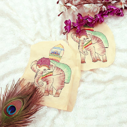 Vintage Beige Pure Silk Hand Embroidered Kantha Sari Rare Applique - set of 2 VERY OLD ANTIQUE Snippets Remnants Craft Journals Elephants