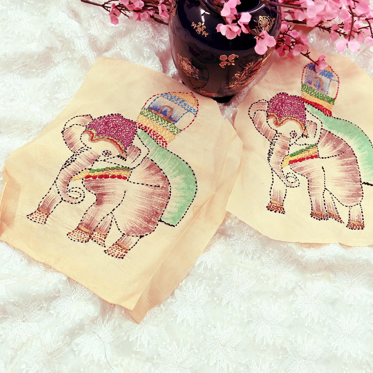 Vintage Beige Pure Silk Hand Embroidered Kantha Sari Rare Applique - set of 2 VERY OLD ANTIQUE Snippets Remnants Craft Journals Elephants
