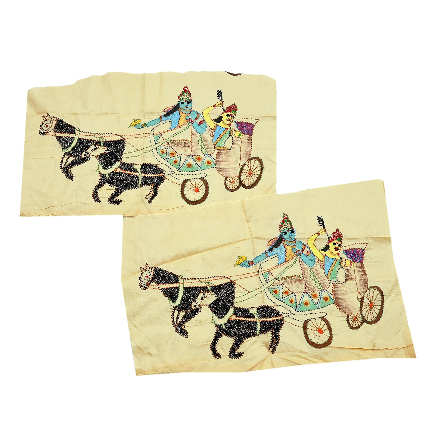 Vintage Beige Pure Silk Hand Embroidered Kantha Sari Rare Applique - set of 2 VERY OLD ANTIQUE Snippets Remnants Craft Journals horses