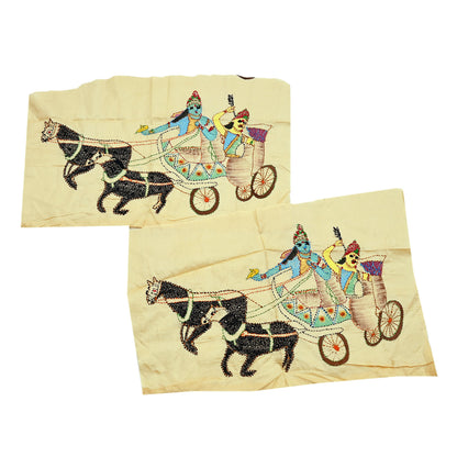 Vintage Beige Pure Silk Hand Embroidered Kantha Sari Rare Applique - set of 2 VERY OLD ANTIQUE Snippets Remnants Craft Journals horses