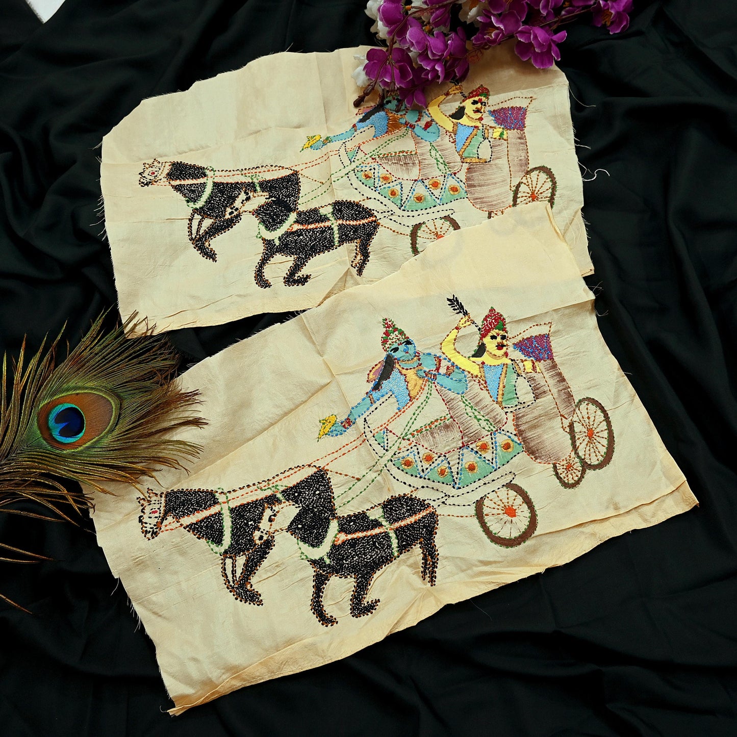 Vintage Beige Pure Silk Hand Embroidered Kantha Sari Rare Applique - set of 2 VERY OLD ANTIQUE Snippets Remnants Craft Journals horses