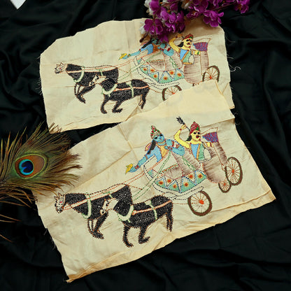 Vintage Beige Pure Silk Hand Embroidered Kantha Sari Rare Applique - set of 2 VERY OLD ANTIQUE Snippets Remnants Craft Journals horses