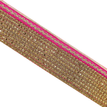 Indian Vintage Golden & Pink Saree Border Hand Embroidered 1yd Craft Trim Lace Sewing Sari Ribbon chanderi