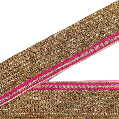 Indian Vintage Golden & Pink Saree Border Hand Embroidered 1yd Craft Trim Lace Sewing Sari Ribbon chanderi
