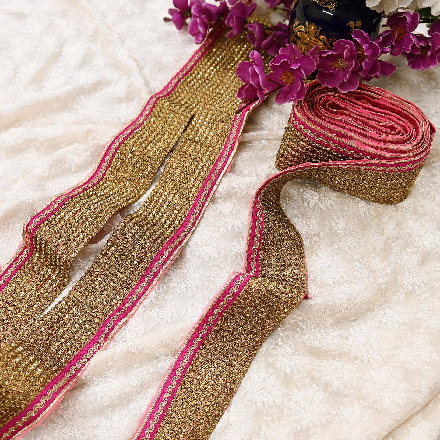 Indian Vintage Golden & Pink Saree Border Hand Embroidered 1yd Craft Trim Lace Sewing Sari Ribbon chanderi