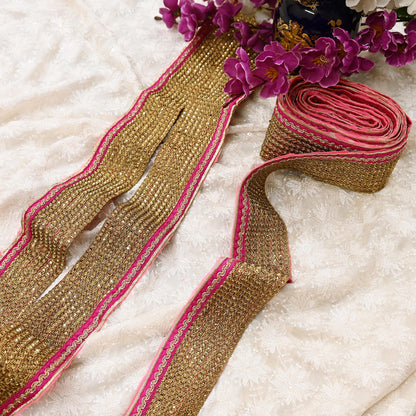 Indian Vintage Golden & Pink Saree Border Hand Embroidered 1yd Craft Trim Lace Sewing Sari Ribbon chanderi