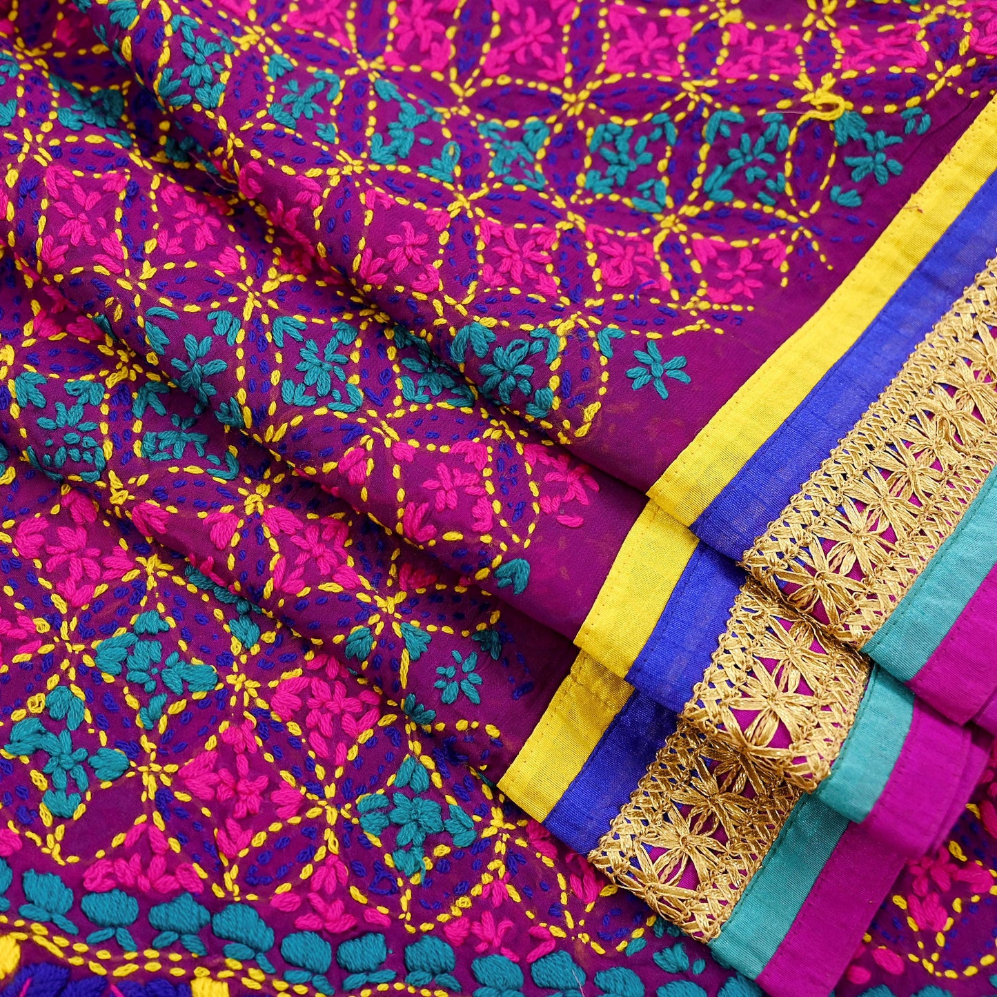 Indian Vintage Dupatta Purple Long Stole Blend Georgette Hand Embroidered Phulkari Stole Scarves Party wear