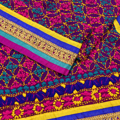 Indian Vintage Dupatta Purple Long Stole Blend Georgette Hand Embroidered Phulkari Stole Scarves Party wear