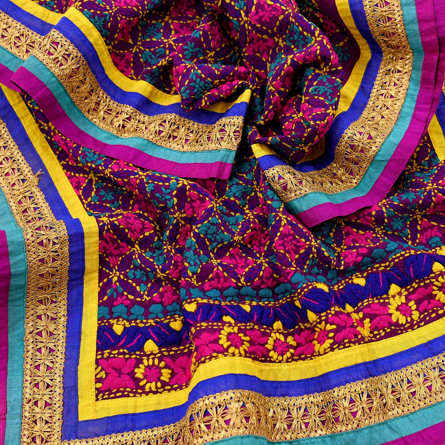 Indian Vintage Dupatta Purple Long Stole Blend Georgette Hand Embroidered Phulkari Stole Scarves Party wear