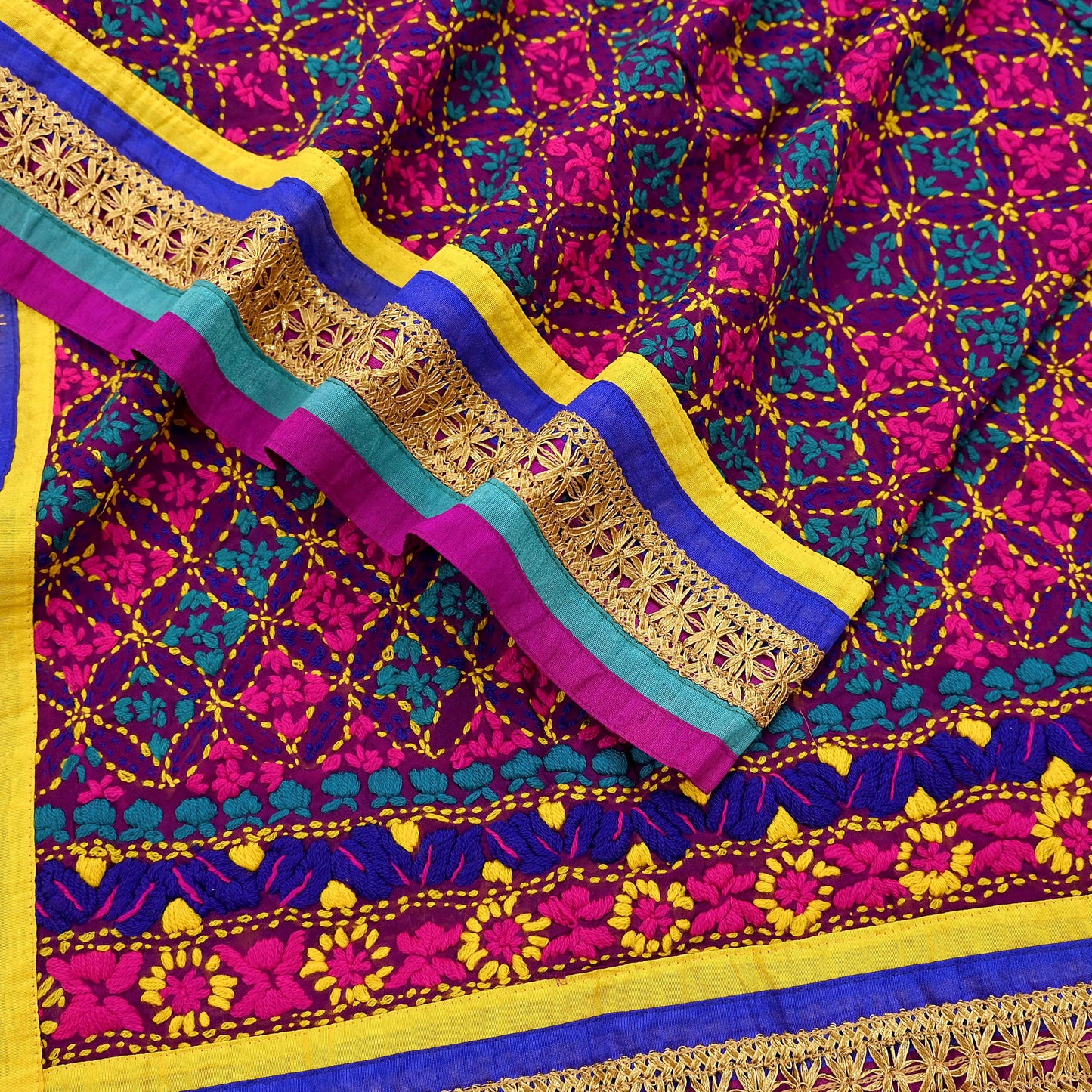 Indian Vintage Dupatta Purple Long Stole Blend Georgette Hand Embroidered Phulkari Stole Scarves Party wear