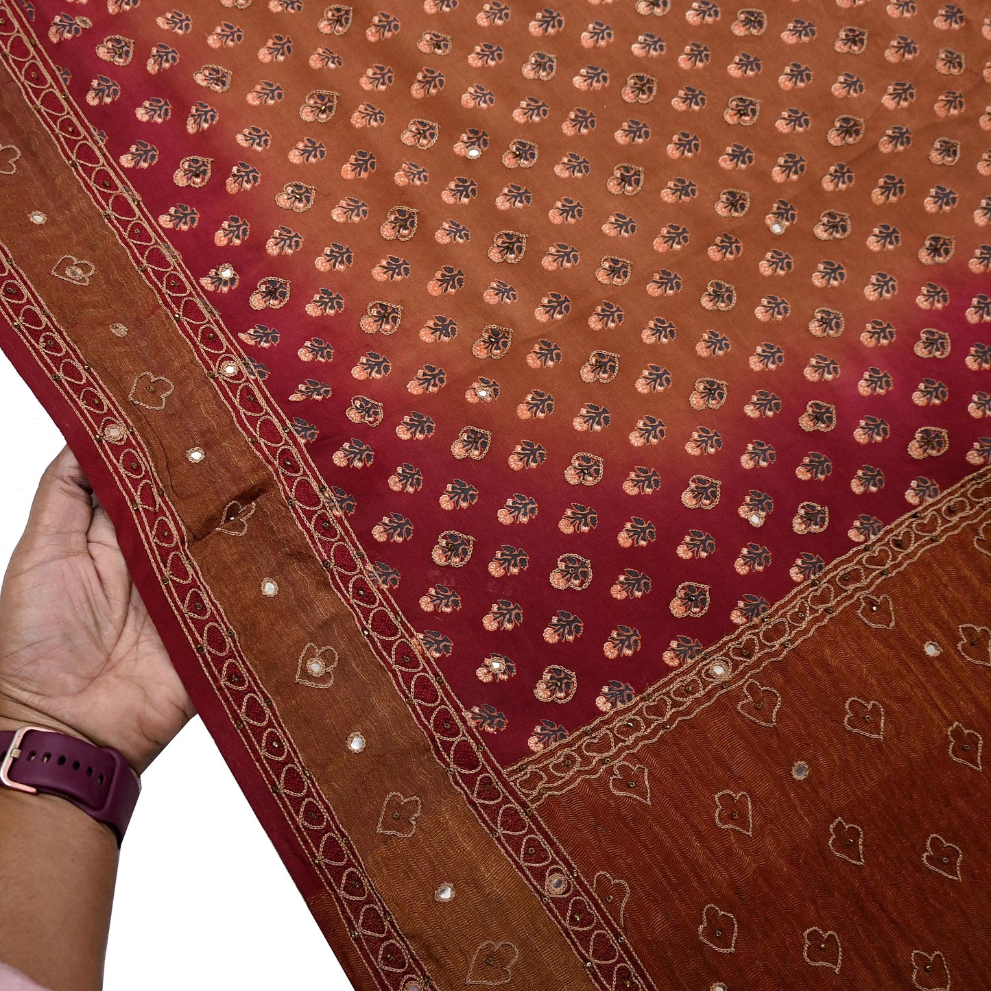 Indian Vintage Dupatta Maroon & Brown Long Stole Pure Silk Hand Embroidered Printed Fabric Scarves Veil Scarf Wrap Hijab Party wear veil