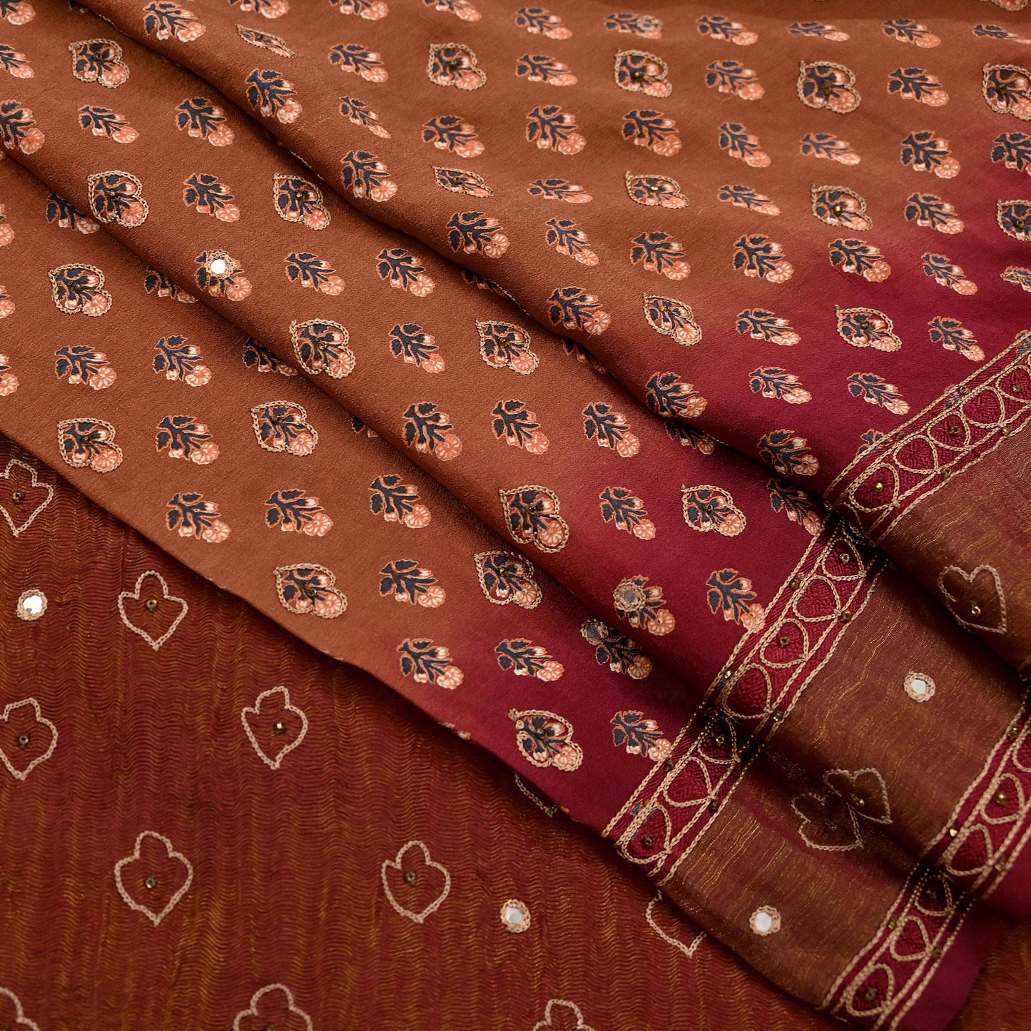 Indian Vintage Dupatta Maroon & Brown Long Stole Pure Silk Hand Embroidered Printed Fabric Scarves Veil Scarf Wrap Hijab Party wear veil