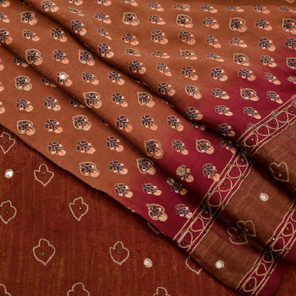Indian Vintage Dupatta Maroon & Brown Long Stole Pure Silk Hand Embroidered Printed Fabric Scarves Veil Scarf Wrap Hijab Party wear veil