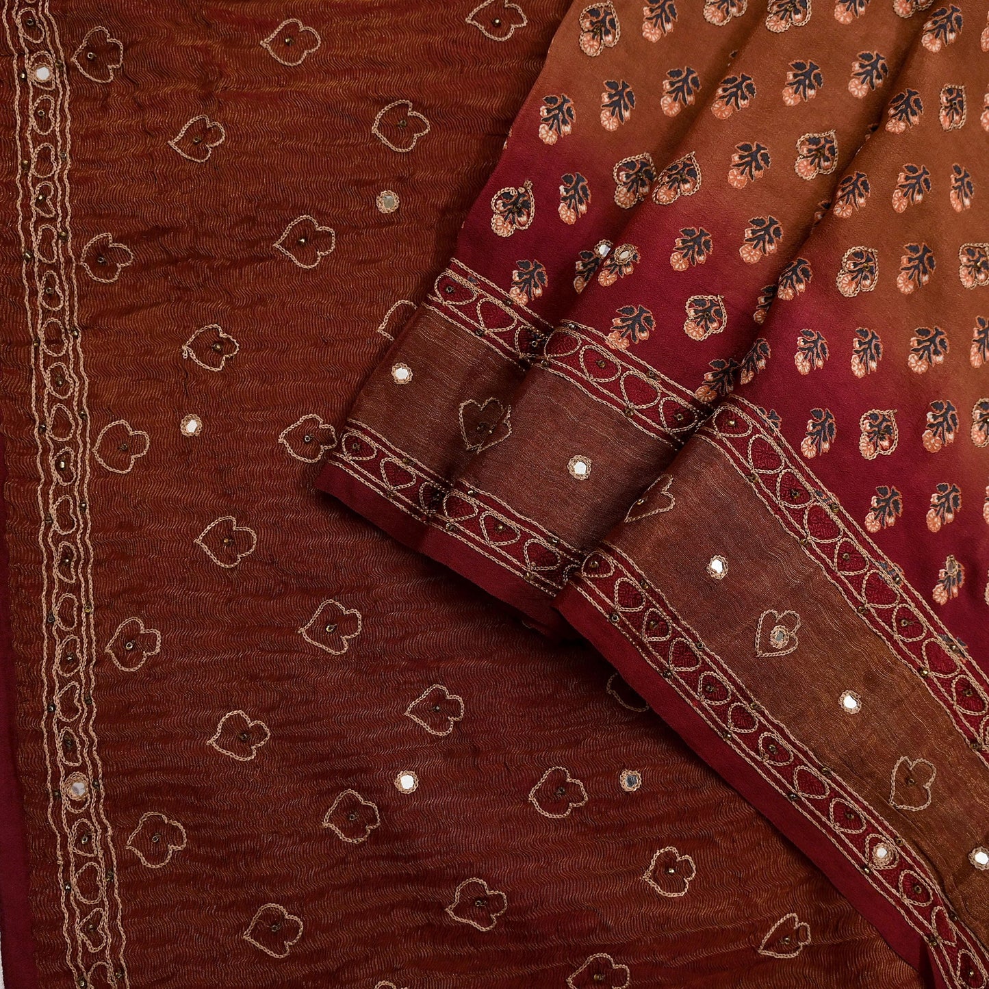 Indian Vintage Dupatta Maroon & Brown Long Stole Pure Silk Hand Embroidered Printed Fabric Scarves Veil Scarf Wrap Hijab Party wear veil