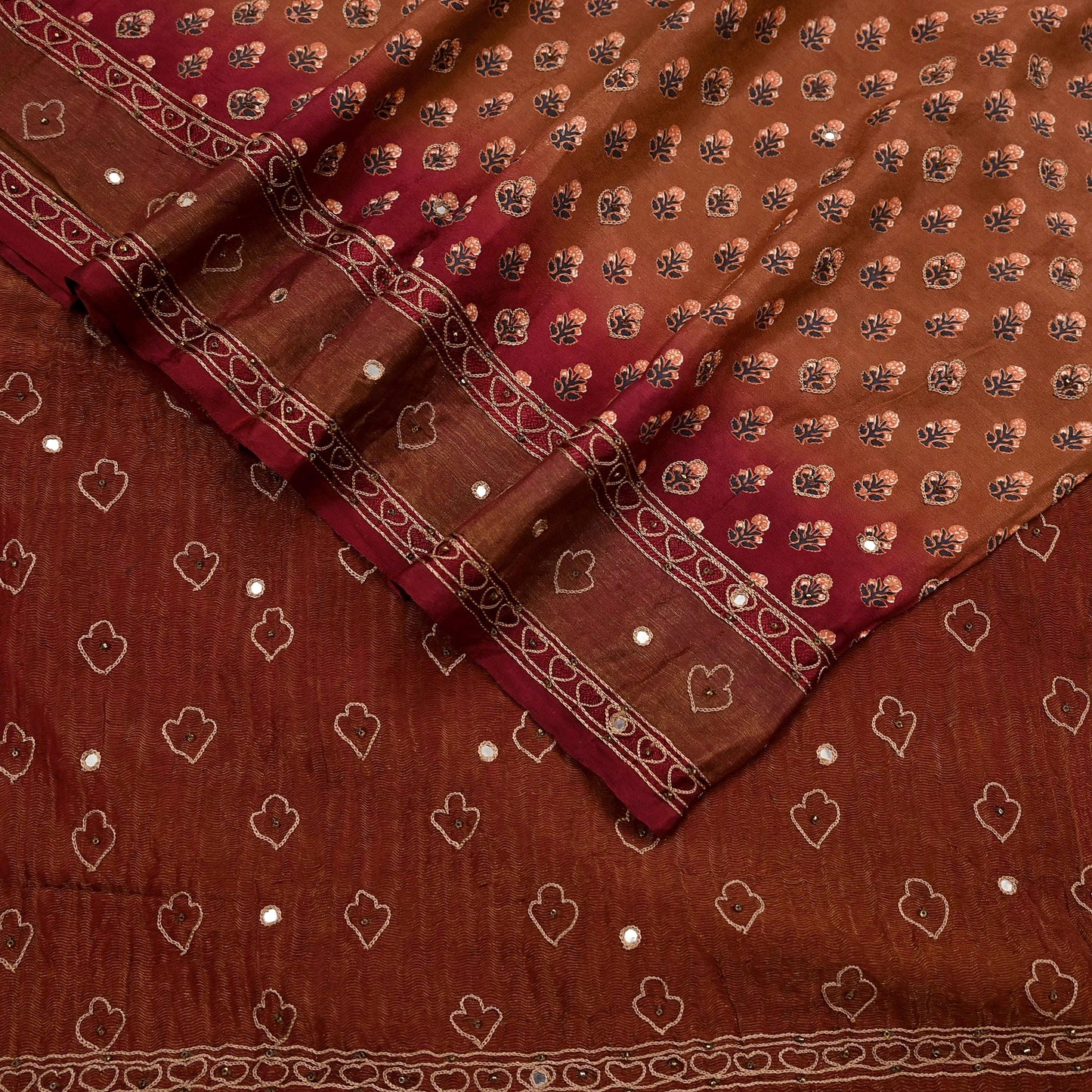 Indian Vintage Dupatta Maroon & Brown Long Stole Pure Silk Hand Embroidered Printed Fabric Scarves Veil Scarf Wrap Hijab Party wear veil