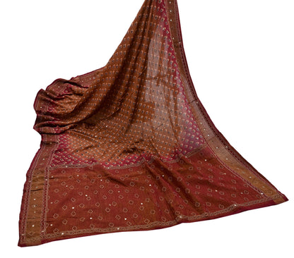 Indian Vintage Dupatta Maroon & Brown Long Stole Pure Silk Hand Embroidered Printed Fabric Scarves Veil Scarf Wrap Hijab Party wear veil