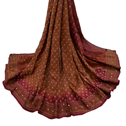 Indian Vintage Dupatta Maroon & Brown Long Stole Pure Silk Hand Embroidered Printed Fabric Scarves Veil Scarf Wrap Hijab Party wear veil