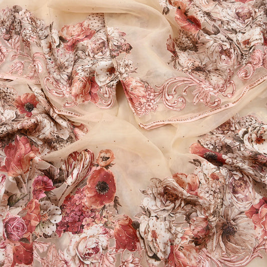 Indian Vintage Ivory Dupatta Pure Organza Silk Long Stole Printed Embroidered Scarves Floral Stole Veil Wrap wedding veil