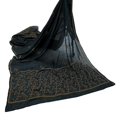 Indian Vintage Dupatta Black Long Stole Pure Cotton Hand Embroidered Kantha Scarves Veil Scarf Wrap For Women's